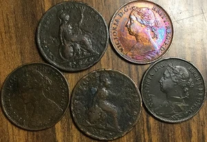 LOT OF 5 UK GB GREAT BRITAIN FARTHING COINS - Picture 1 of 2