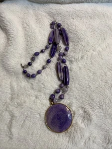 Vintage Hand Carved Purple Agate Mayan Aztec Beaded Pendant Necklace 26” Boho - Picture 1 of 3