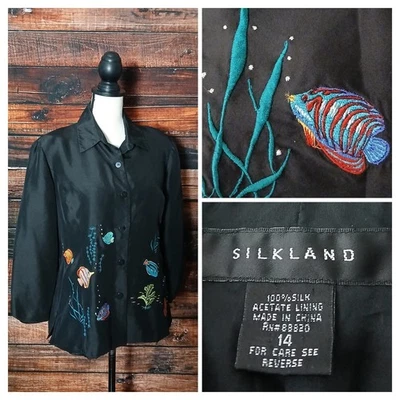 Blusa Top Silkland 14 100% Seda Negra Bordada Peces Tropicales Mangas 3/4 Foto 1 de 4