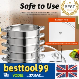 5 Tier Cook Food Veg Pot Large Stainless Steel Steam Cooker Steamer Kitchen 30CM - Picture 1 of 13