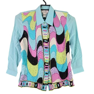 Camisa de mujer vintage Diane Gilman multicolor abstracta 100 % seda abotonada talla M Foto 1 de 4