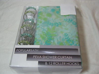 Nueva Cortina de Ducha de Vinilo Peva Baño Popular y 12 Ganchos Hoja Orgánica ~ Azul/Verde Foto 1 de 4