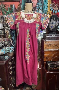 Gorgeous 1970s Oaxaca Mexican Burgundy Dress With Multi Colored Embroidery L - Picture 1 of 11