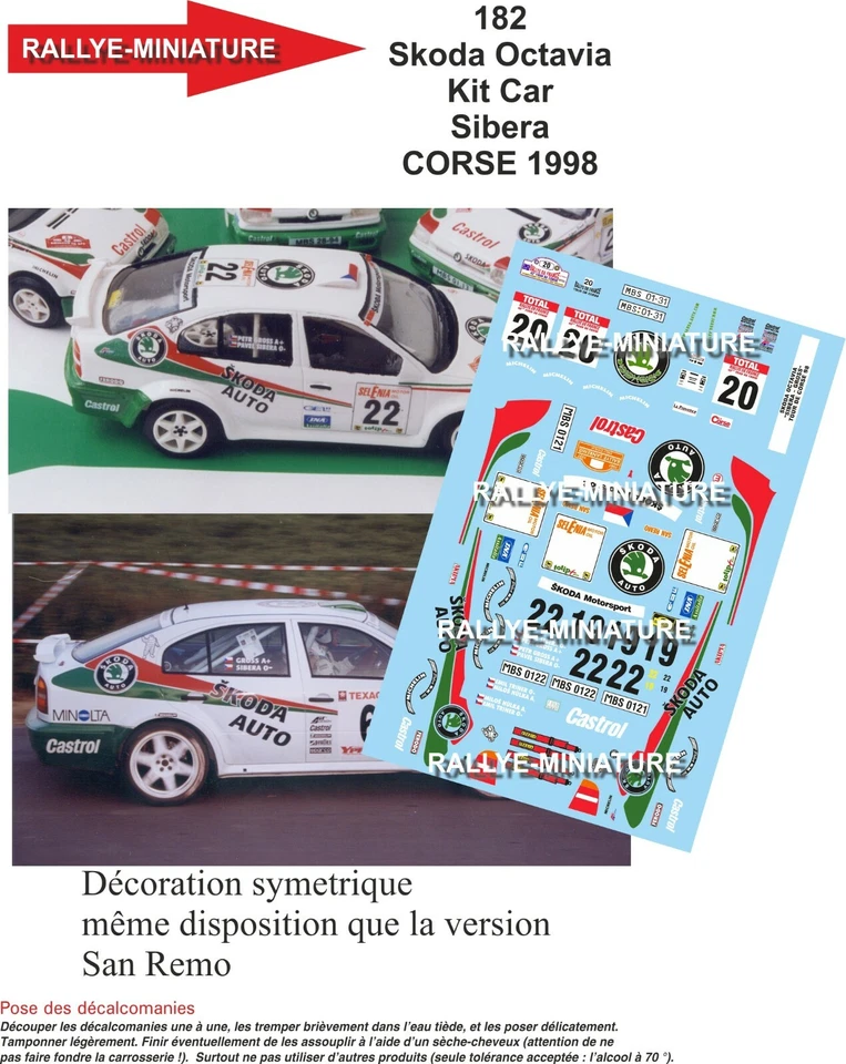 DECALS 1/43 REF 0182 SKODA OCTAVIA SIBERA TOUR DE CORSE 1998 WRC RALLYE RALLY - Photo 1/1