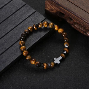 Hematite Cross Bracelets Natural Stone Tiger Eye Obsidian Bangles for Men Women - Picture 1 of 90