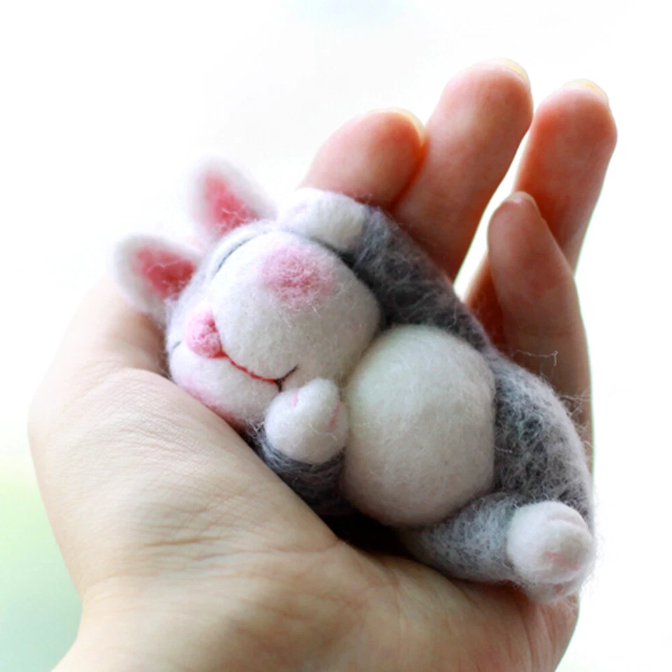 Lazy Rabbit Needle Felting Kits Lying in Hand 4INCH for Beginner Easy Adorable - Image 1 of 4