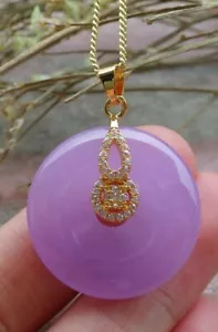 Genuine Purple Jade Imitation Diamond Circle Ruyi Coin 18KGP Pendant Necklace - Picture 1 of 6