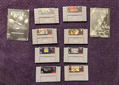 SNES Original 90's Lot Of 8 W/2 Manuals Lion King, Jeopardy! Pool TESTED & WORK - Image 1 of 4