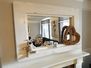 LARGE WOODEN WHITE LIME WAX MIRROR WITH SHELF SHABBY CHIC RUSTIC RECLAIMED 