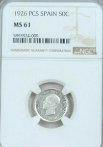 1926 PCS SPAIN SILVER 50 CENTIMOS ALFONSO XIII NGC MS 61 SCARCE BRIGHT BEAUTY - Picture 1 of 5