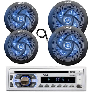 Pyle Marine Bluetooth CD Radio, 2x 8" + 2x 6.5" Blue LED Black Speaker, Antenna - Picture 1 of 5