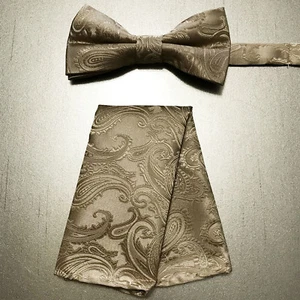 Mocha Tan Men's Paisley Pre-tied Bow tie and Pocket Square Hanky Formal Party  - Picture 1 of 1
