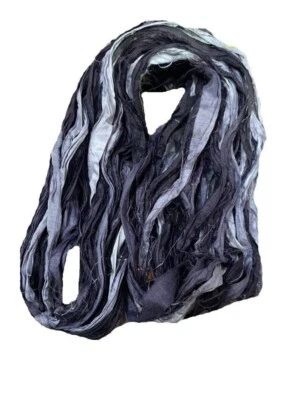 Recycled Sari Silk Ribbon Yarn - Black and Grey - 50 GMS - Boho Ribbon - Sil - Image 1 of 4