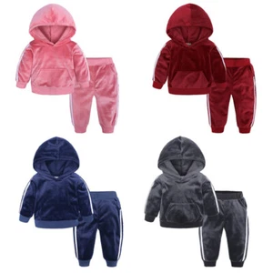 Kid Girls Boys Velour Sweatshirt Outfit Hooded Top with Sweatpants Tracksuit Set - Picture 1 of 70