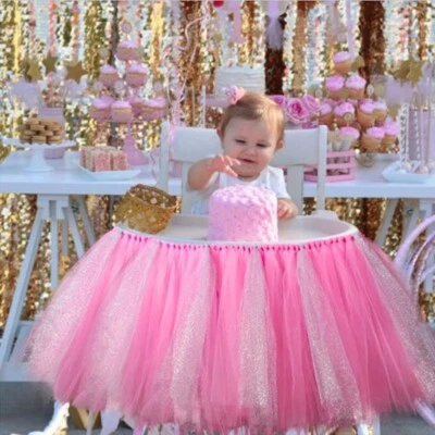 Party TUTU Tulle Table Skirt High Chair Baby Birthday Pink Decor Supplies Cute - Image 1 of 4