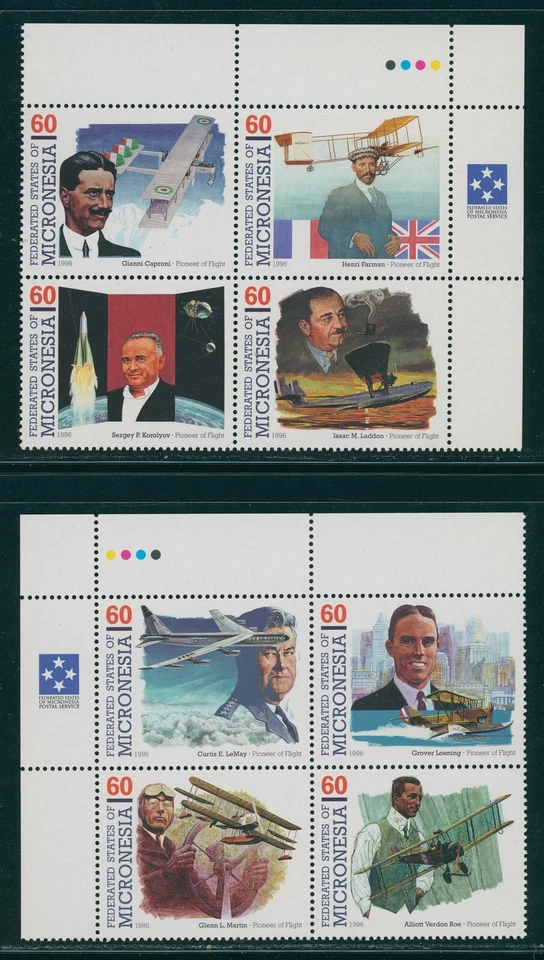 Micronesia Scott #249 MNH BLOCKS of 4 (2) Pioneers of Flight 1996 60c CV$12+ os1 - Image 1 of 1