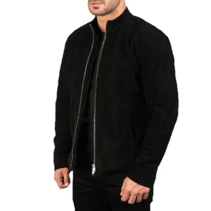 Classic Men's Sheepskin Suede Leather Jacket Biker Black Zipper Luxury Coat - Picture 1 of 5