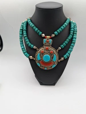 Заявление большой Непал камень зеленый красный бирюзовый цвет ожерелье - Изображение 1 из 4