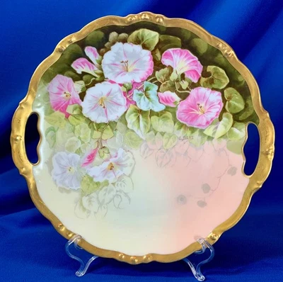 P & E LIMOGES FRANCE  HAND-PAINTED PINK MORNING GLORY HANDLED SERVING PLATE 10.5 - Image 1 of 4