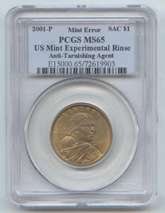 2001-P Sacagawea Dollar, Mint Error Experimental Rinse, Anti-Tarnish, PCGS MS-65 - Picture 1 of 2