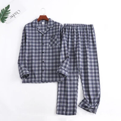 Men's Pajamas Set 100% Cotton Sleepwear Long Sleeve Button Top Pants Nightwear - Image 1 of 4