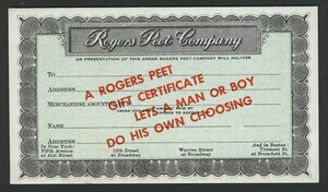 New York/Boston 40er Jahre ROGERS PEET HERREN KLEIDUNG Adv. Blotter Geschenkgutschein - Bild 1 von 2