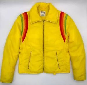 Vintage 70s Rainbow Striped Puffer Jacket Sz M Yellow Coat Max Lehmingg Germany - Picture 1 of 11