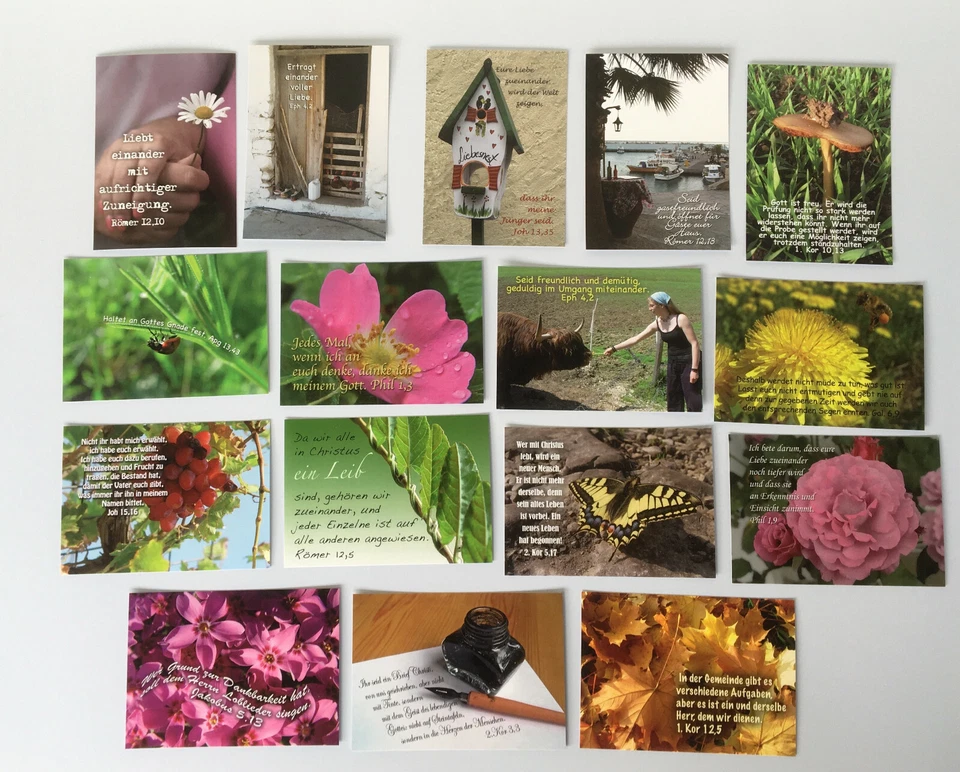 16 Stück christliche Foto-Postkarten, Bibelsprüche, Paket1 Gemeinde, Dank, Liebe - Bild 1 von 1
