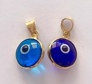 18K Gold 925 Sterling Silver Evil Eye Mati Nazar Pendant Charm Double Sided Blue - Picture 1 of 5
