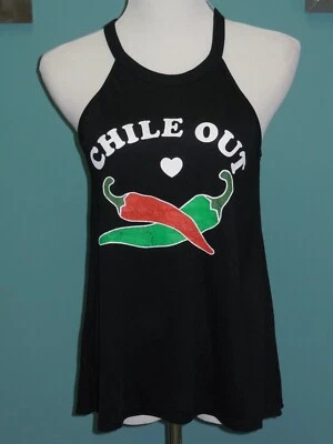 全新带标签女式现代豪华图形背心,尺寸小号和 XXL 黑色“CHILE OUT” — 第 1/4 张图片