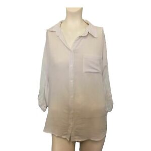 Jeanswest Womens Top Size 8 Cream Button Up Collar Lace Trim Long Sleeve Sheer