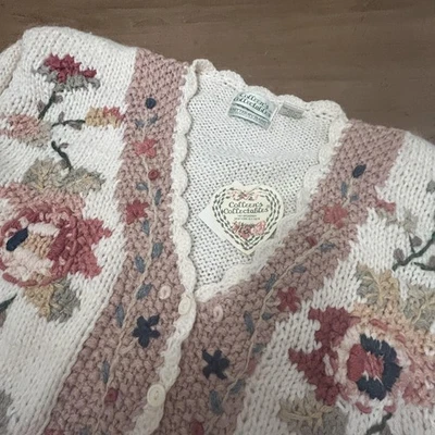 Cárdigan Colleen's Collectables vintage para mujer mediano marfil floral tejido a mano años 90 Foto 1 de 4