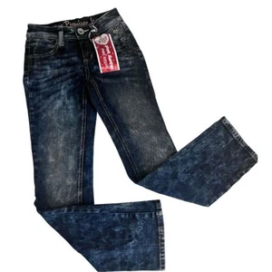 Justice Simply Low Skinny Boot Acid Wash Blue Jeans Size 8S Retro 90s Grunge - Picture 1 of 6