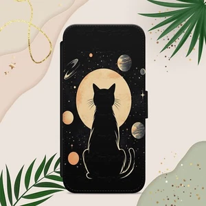 CAT SKETCH PLANET PATTERN FLIP WALLET PHONE CASE FOR IPHONE SAMSUNG PIXEL COVER - Picture 1 of 4