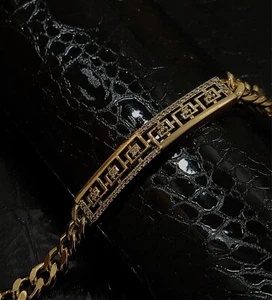 8mm Cuban Curb Bracelet 19cm Greek Key Bar Simulated Diamond 18ct Gold Layered - Picture 1 of 3