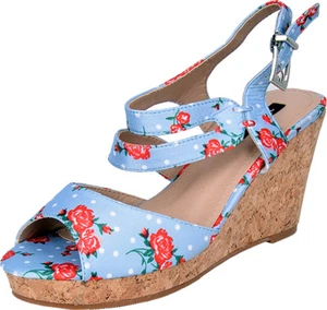 Vintage FLORAL Rosa POLKA Lunares Corcho CORREAS Cuñas Azul Rockabilly - Imagen 1 de 5