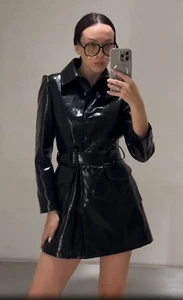 Zara x Kate Moss Leather Effect Trench Coat Black Size M Medium 9396/130 New - Picture 1 of 23