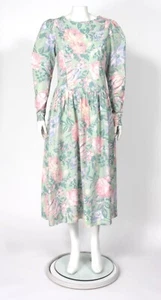 Vintage 80s LAURA ASHLEY Green Rose Bird Print Cottagecore Dress sz 12 /323 - Picture 1 of 6