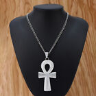 Large Antique Silver Tone Ankh Egyptian Cross Pendant on Long Chain Necklace
