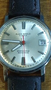  1950-60's Black Shield All SS 17J Men's watch, runs just serviced  N/Leather M - Picture 1 of 14