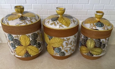 VTG Fratelli Fanciullacci Italian Pottery Kitchen Jar (3 Set) Nature Yellow Leaf - Image 1 of 4