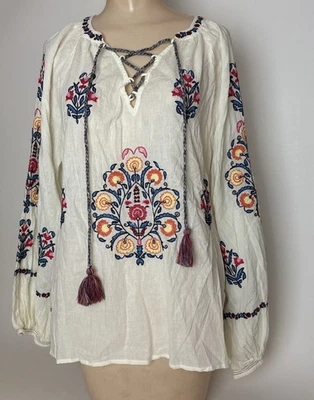 Sundance Mujer Grande Manga Larga Borla Bordada Top Algodón Poli Nuevo Foto 1 de 4