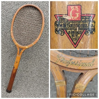 Antique Gregoire Co. Tennis Racket VERY RARE Buffalo, NY Open Throat Animal Gut - Image 1 of 4