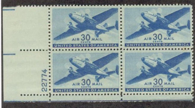US USA Sc# C30 MNH FVF PLATE# BLOCK Twin Motor Transport Airplane Clouds - Image 1 of 1