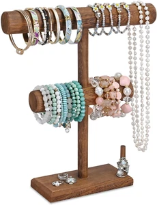 2 Tier Wooden Jewelry Display Holder, T-Bar Bangle Necklace Ring Stand, 11.9 W X - Picture 1 of 12