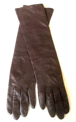 Guantes forrados de seda vintage Miss Aris Kid de cuero debajo del codo marrón chocolate 6,5 Foto 1 de 4