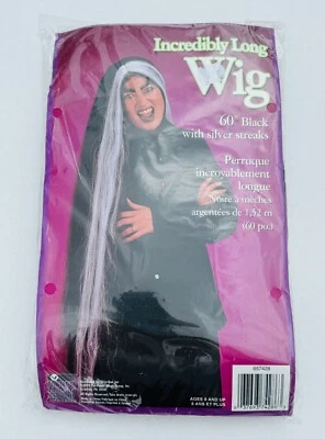 PELUCA LARGA HALLOWEEN ADULTO 60" NEGRA CON RAYAS PLATEADAS UNISEX Foto 1 de 2