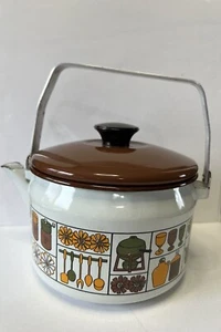 Vintage MCM Enamelware Metal Handle Teapot Retro Kitchen Motif Brown Lid - Picture 1 of 13