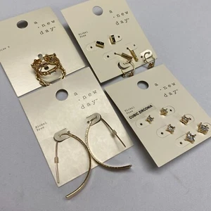 7 pairs A New Day Nickel Free Gold Tone Stud D-Hoop Hug Earrings & Size 8 Rings - Picture 1 of 6