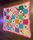 Vtg Crochet Granny Square Afghan Blanket Throw Bright Colors Nursery Crib 64x45